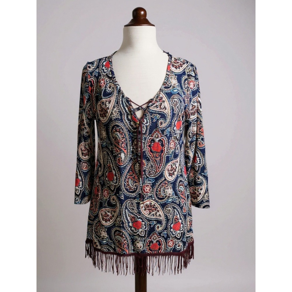 Honeyme Paisley Print Long Sleeve Tunic Top Fringed Hem Lace Up Neck size S‎ - Picture 3 of 7